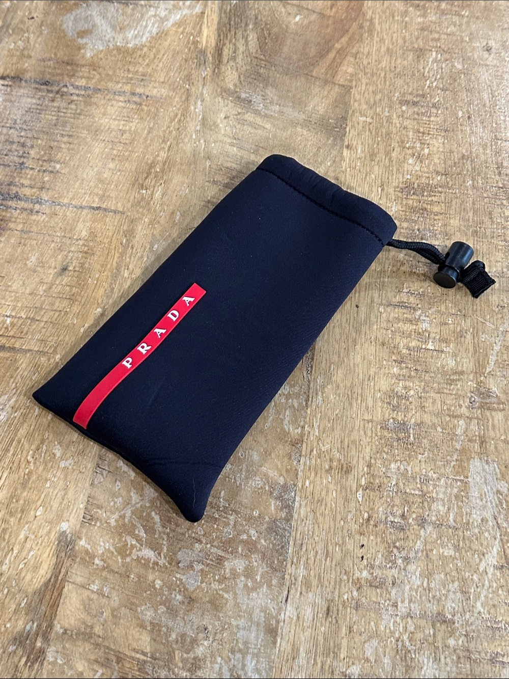 Prada Black Neoprene Sunglasses Pouch with Red Logo Stripe